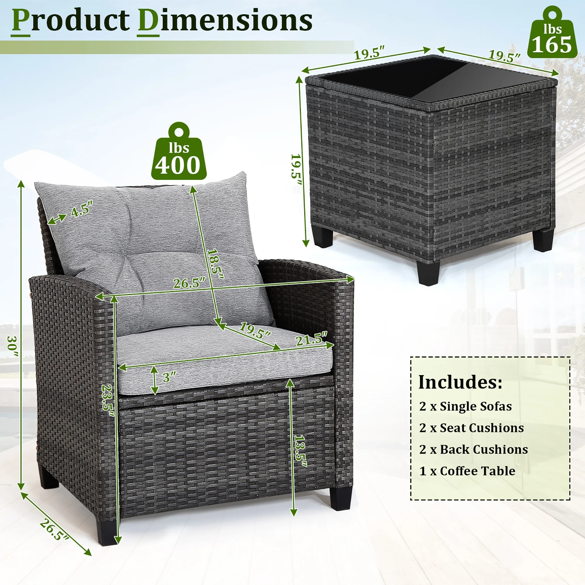Gymax 3PCS Patio Rattan Sofa Set Outdoor Wicker Conversation Set Glass Tabletop w/ Grey Cushion