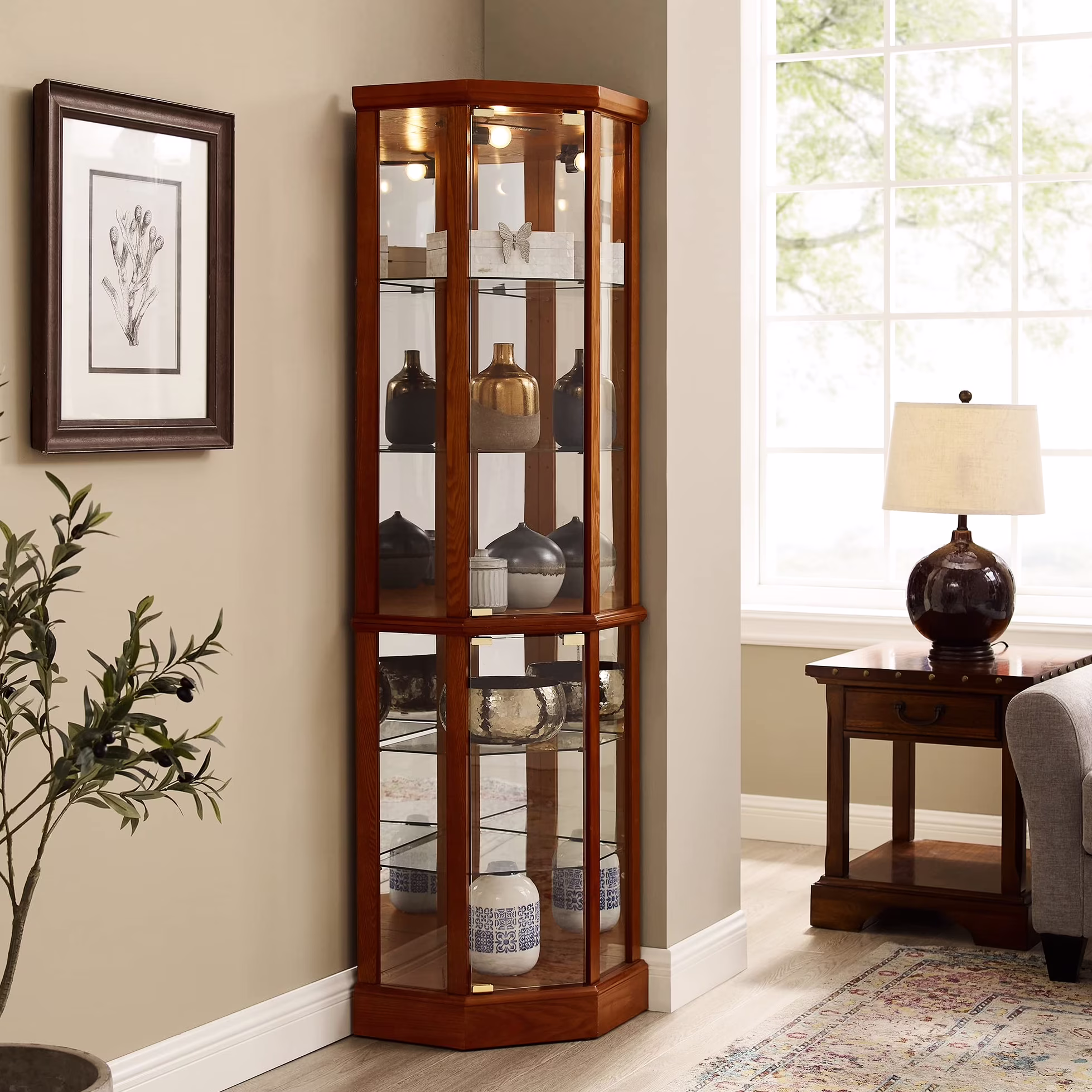 Walnut Cabinet With 6 Shelves, Adjustable Glass & Mirrored Back Design Shelf Lighted Corner Curio Shelves In