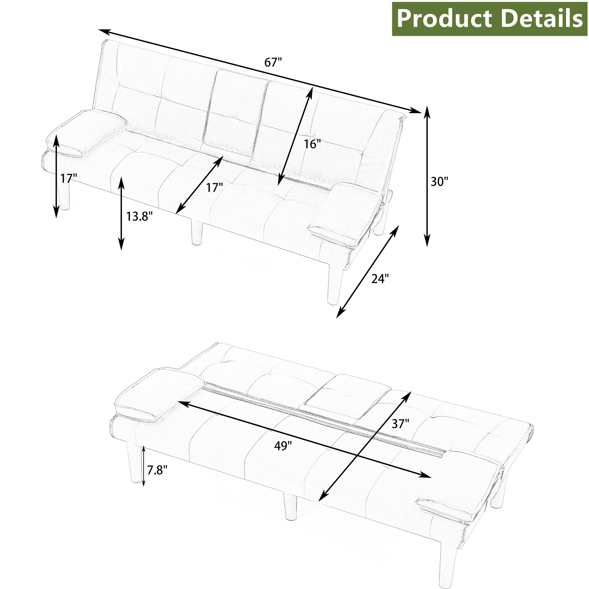 Aukfa Leather Futon Convertible Sofa Bed with 2 Cup Holders&Pillows, Twin Size, Pink