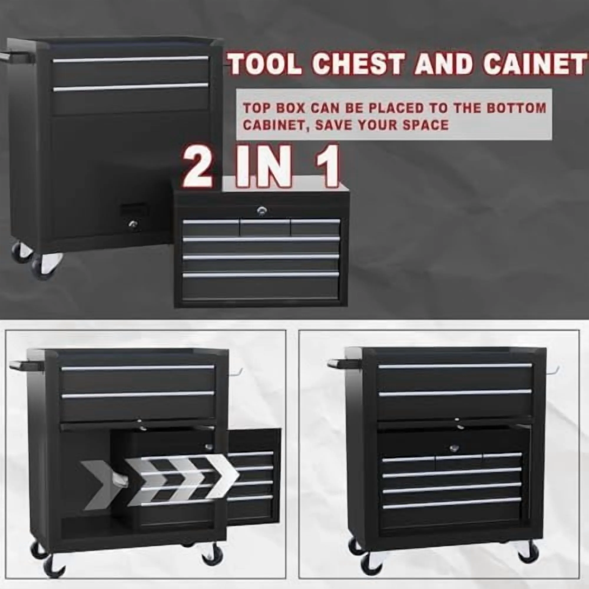 8-Drawer Rolling Tool Chest with Detachable Top Tool Box, Lockable Metal Tool Cabinet, and Liner, Heavy-Duty Storage Organizer with Wheels and 6 Hooks for Garage, Workshop, Green