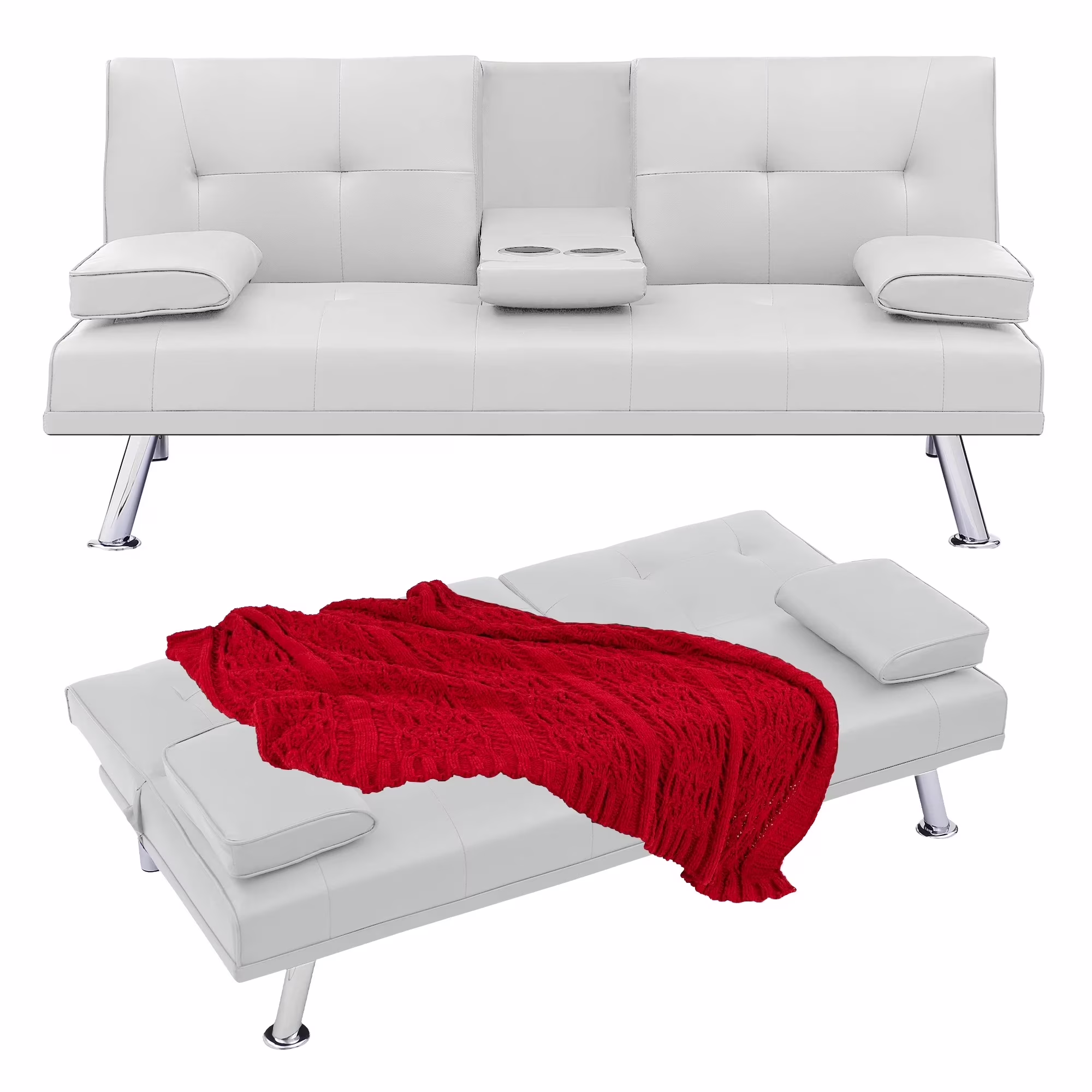 Aukfa Leather Futon Convertible Sofa Bed with 2 Cup Holders&Pillows, Twin Size, Pink