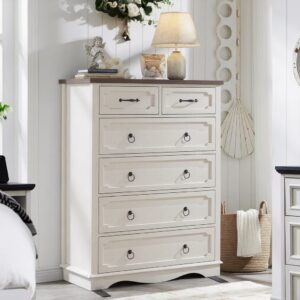 Vabches Farmhouse 6 Drawer Dresser, 43" Tall Chest of Drawers for Bedroom, Living Room, Hallway, Entryway, Antique White