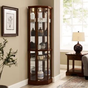 Walnut Cabinet With 6 Shelves, Adjustable Glass & Mirrored Back Design Shelf Lighted Corner Curio Shelves In