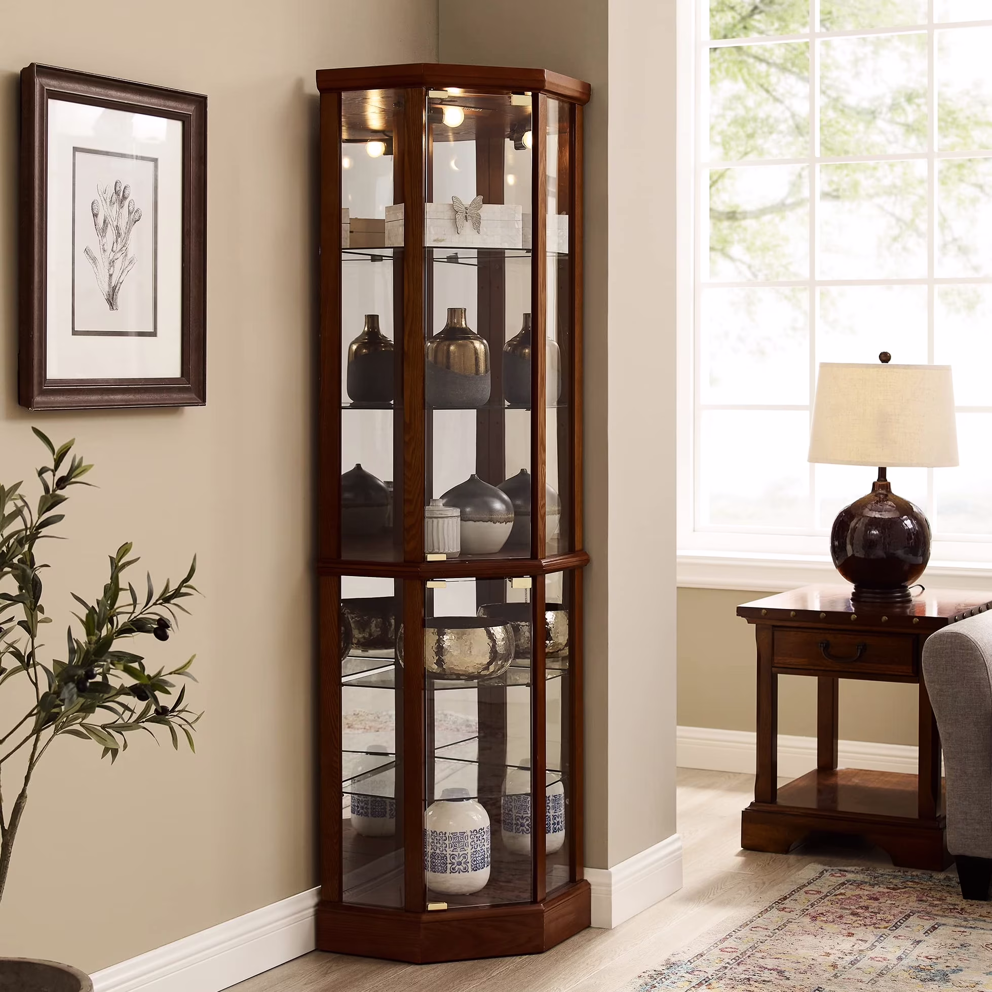 Walnut Cabinet With 6 Shelves, Adjustable Glass & Mirrored Back Design Shelf Lighted Corner Curio Shelves In