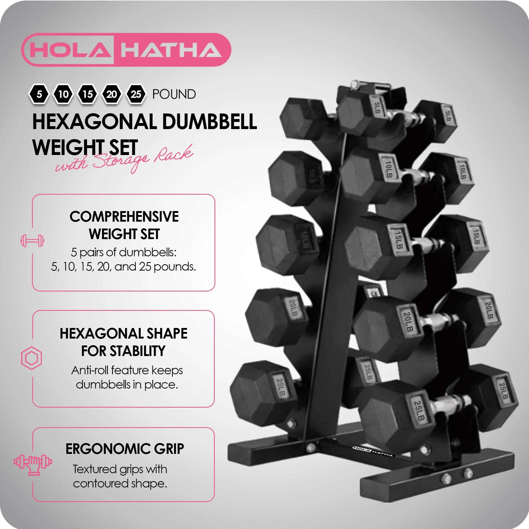 HolaHatha Hex Dumbbell with Rack, 5/10/15/20/25 lb (Black)