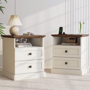 FIAKOA Night Stand Set of 2 with Charging Station, Bedside Table with 2 Drawers Storage and Open Shelf, White Farmhouse Nightstands for Bedroom Office