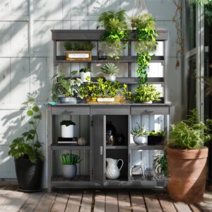 YIYADO 66" Large Outdoor Wooden Planter Workbench, Farmhouse Style Garden Workstation with 2 Drawers, Cabinets, and Open Shelves, Suitable for Backyards and Mudrooms, Gray