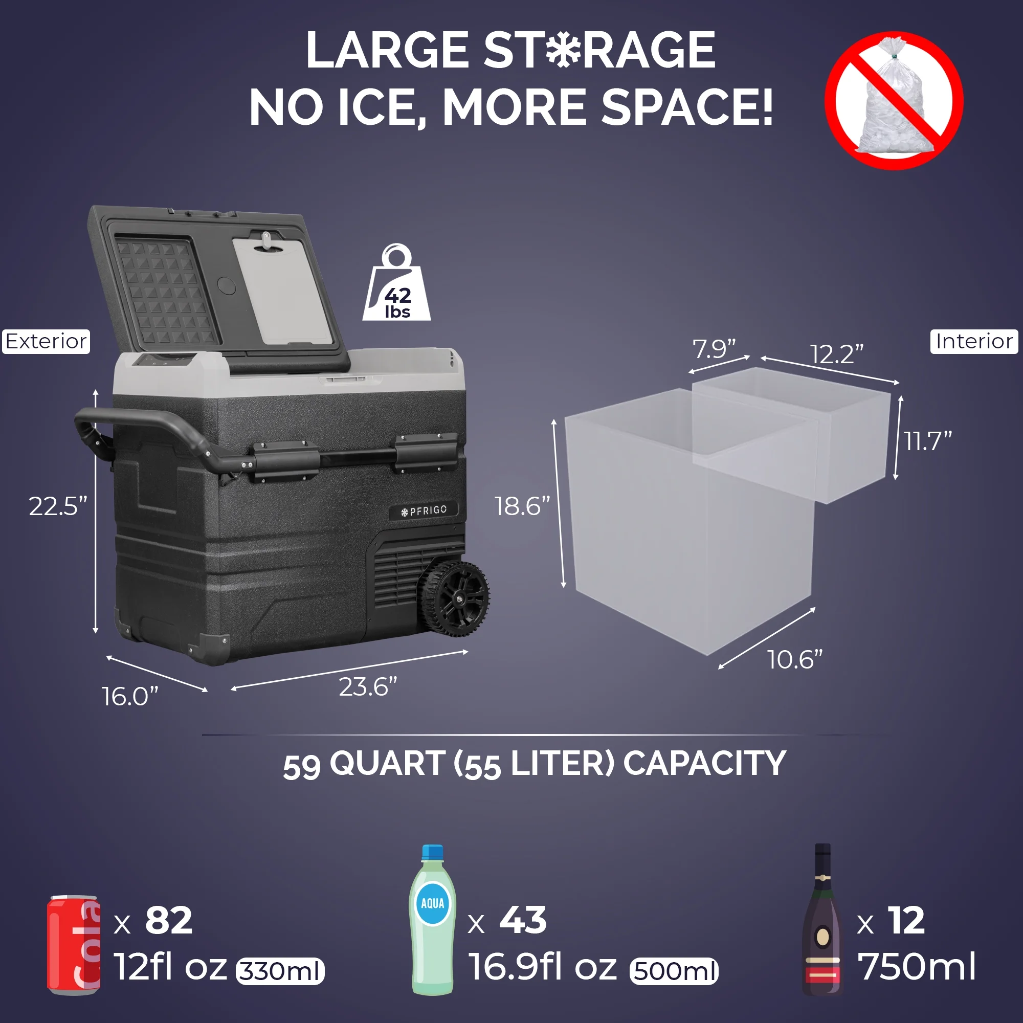 PFRIGO 48 Qt Portable 12v Rolling Cooler with LED Touch Panel, Black