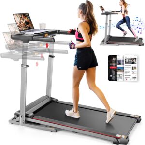 Simpfree Treadmill with Height-Adjustable Desk, 300LBS Folding Treadmill with InclineAppBluetooth SpeakersLED Monitor64 Programs for Home, 0.6-7.5MPH/h