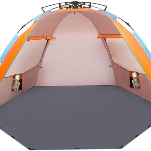 X-Large 4 Person Beach Tent Sun Shelter - Portable Sun Shade Instant Tent for Beach with Carrying Bag, Stakes, 6 Sand Pockets, Anti UV for Fishing Hiking Camping, Waterproof Windproof, Orange