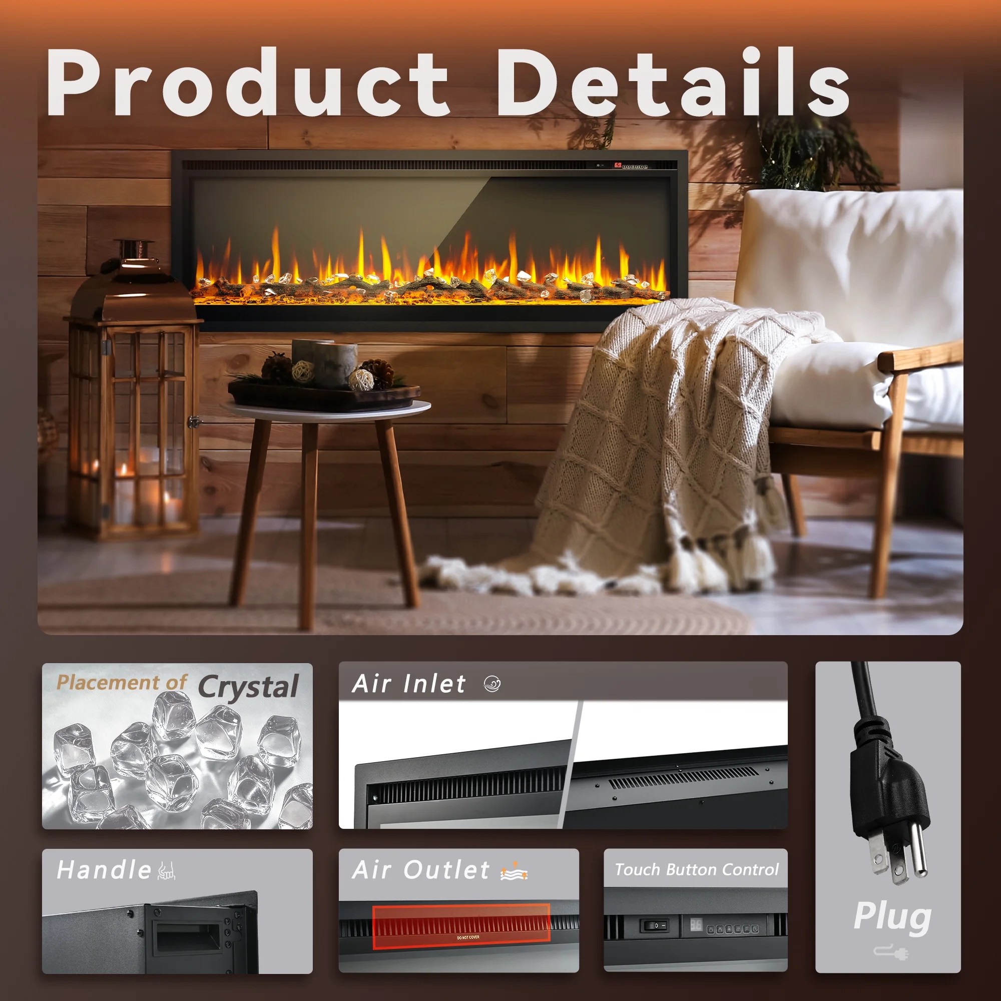 Simzlife 50 inch Indoor Electric Fireplace, Wall Mounted Recessed Freestanding Fireplace with Remote Control, Fireplace Heater with Adjustable Flame Color, Linear Fireplace with Timer