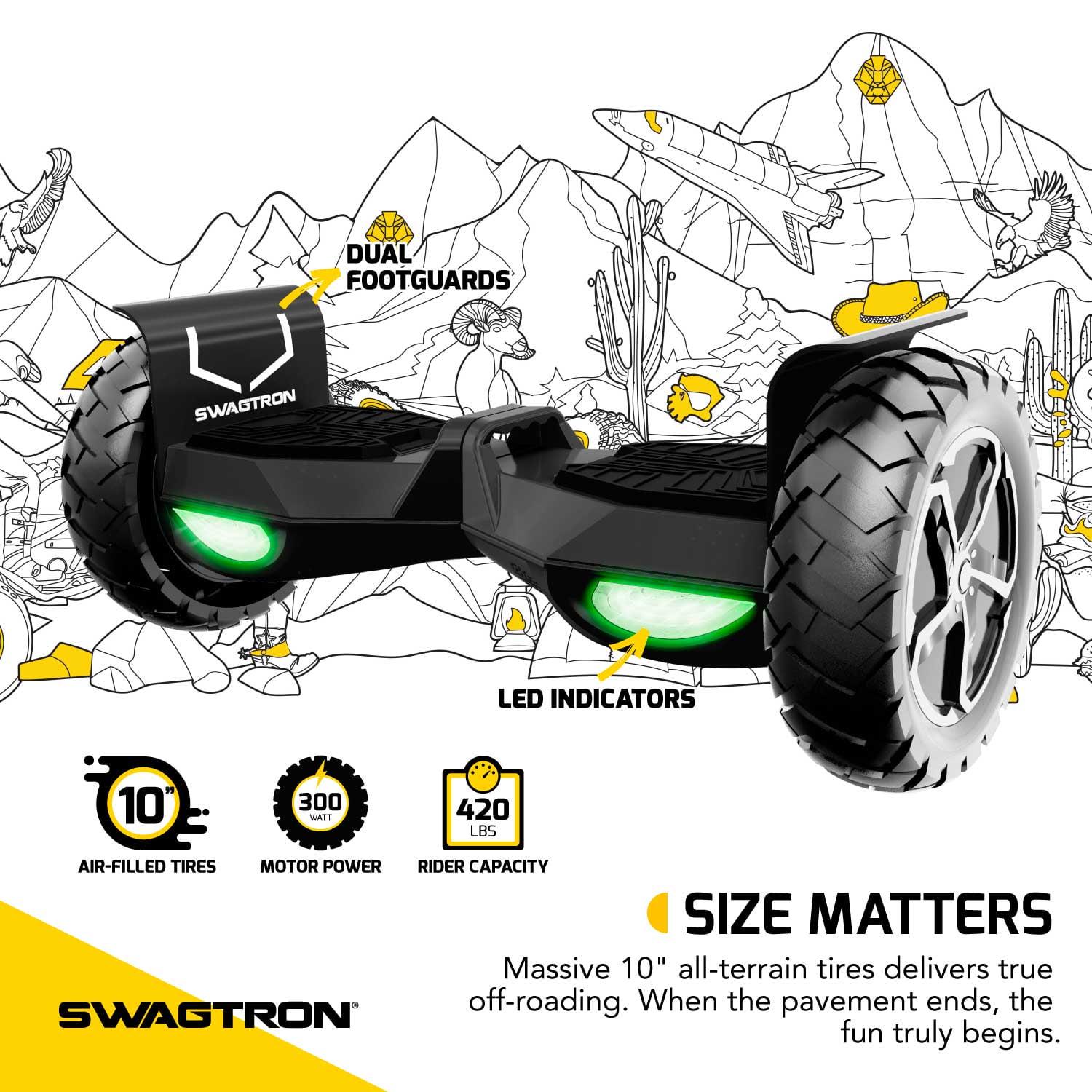 Swagtron Off-Road T6 Hoverboard. 420 lb Weight Limit. Black. Bluetooth Speaker. 10 Inch Wheel 12 Mph UL-Compliant