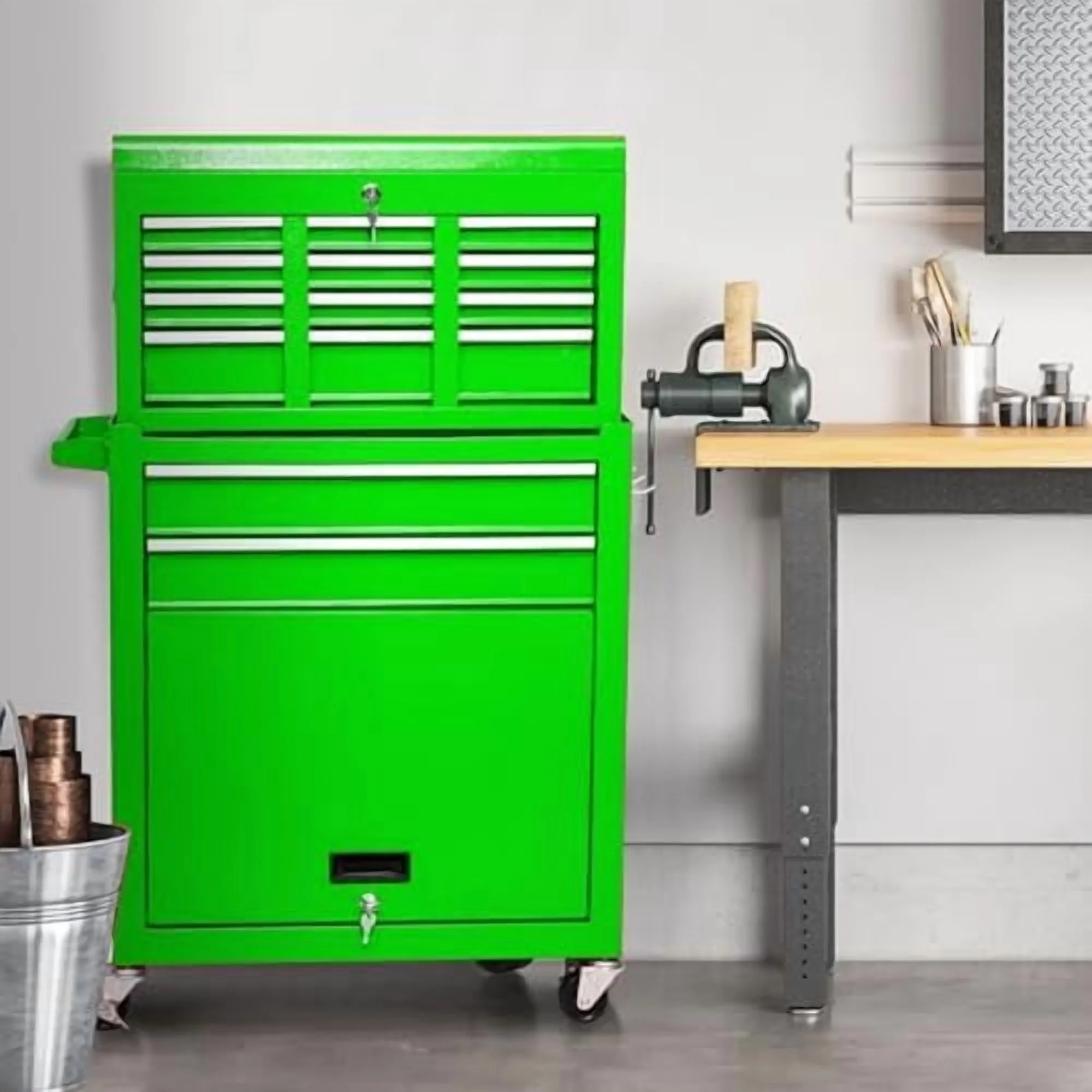 8-Drawer Rolling Tool Chest with Detachable Top Tool Box, Lockable Metal Tool Cabinet, and Liner, Heavy-Duty Storage Organizer with Wheels and 6 Hooks for Garage, Workshop, Green