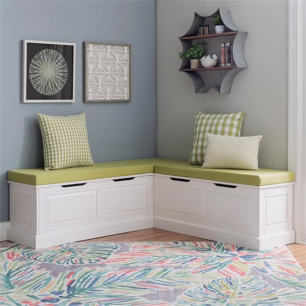 Pemberly Row Natural White Wood Nook With Green Polyester Fabric Cushions