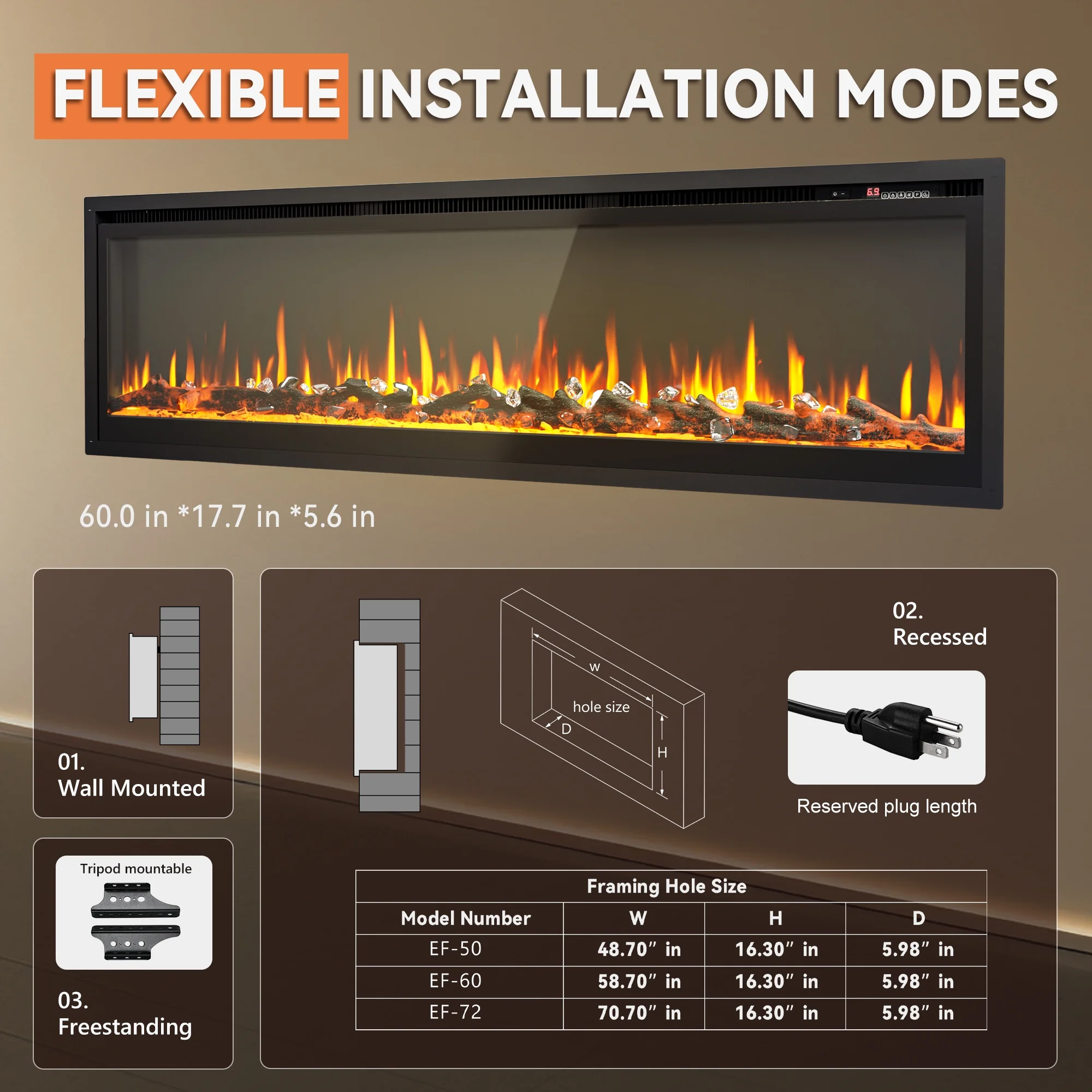 Simzlife 50 inch Indoor Electric Fireplace, Wall Mounted Recessed Freestanding Fireplace with Remote Control, Fireplace Heater with Adjustable Flame Color, Linear Fireplace with Timer