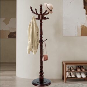 Coat Rack Freestanding, Hall Tree with 11 Hooks, Heavy Duty Wooden Coat Tree Stand, Adjustable Height, Sturdy Base for Bedroom Hallway Office - Load 270lbs