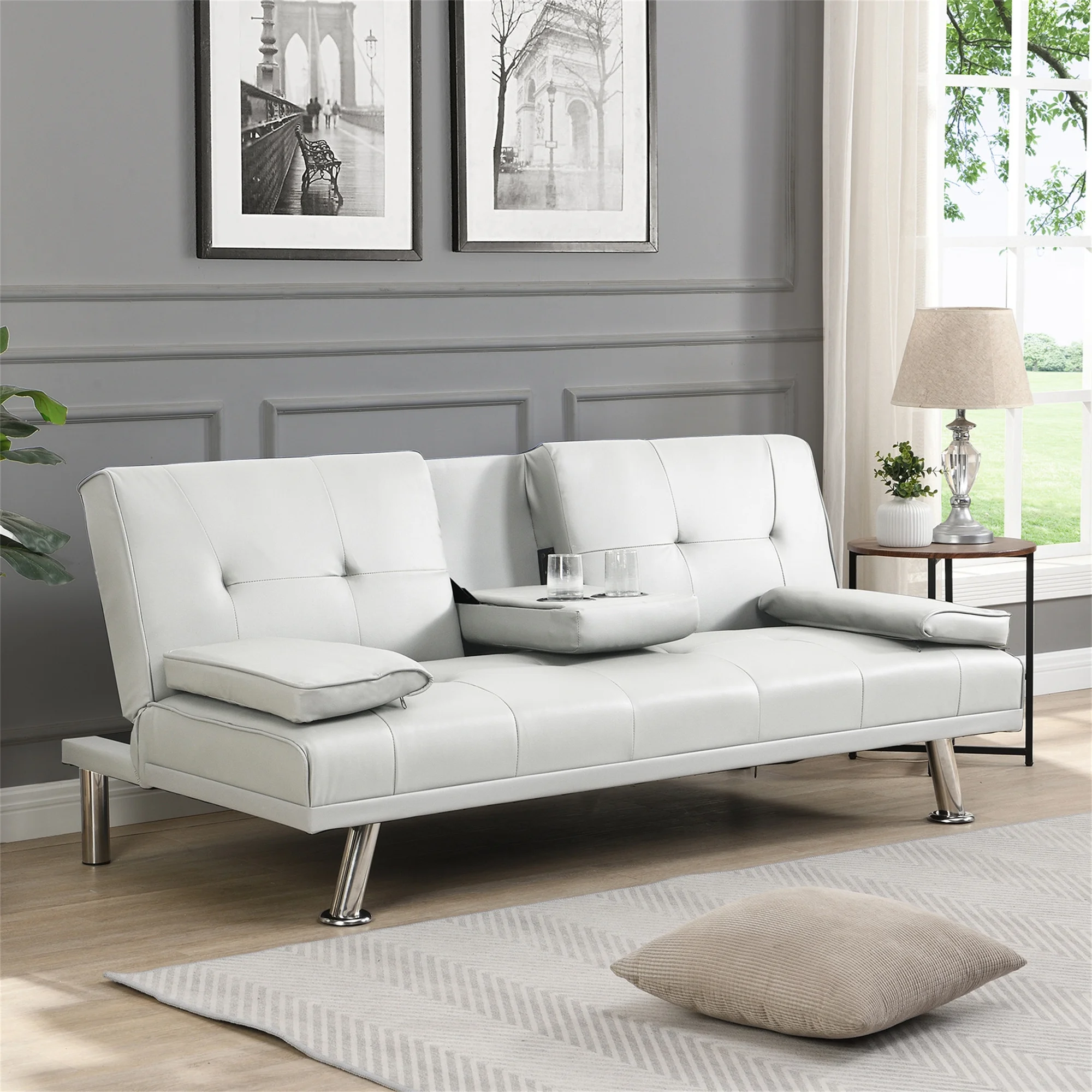 Aukfa Leather Futon Convertible Sofa Bed with 2 Cup Holders&Pillows, Twin Size, Pink