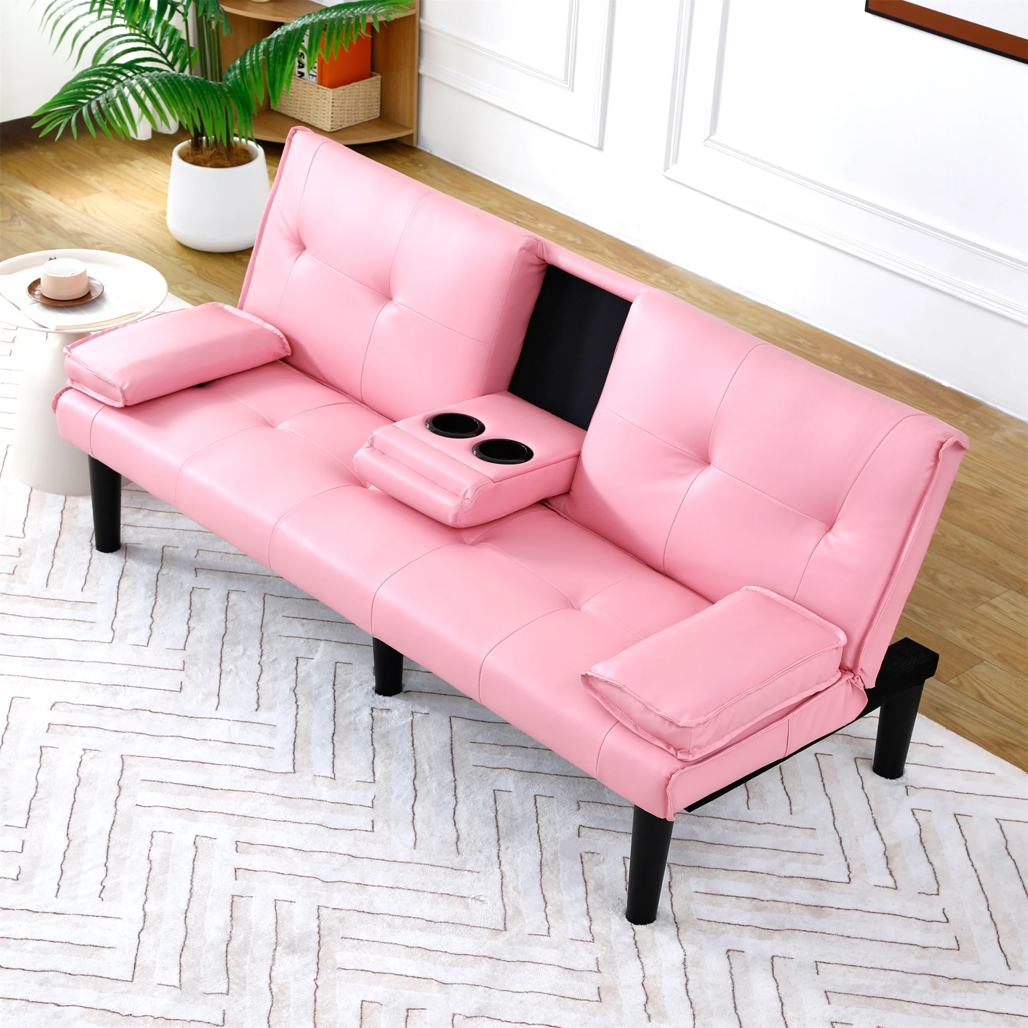 Aukfa Leather Futon Convertible Sofa Bed with 2 Cup Holders&Pillows, Twin Size, Pink