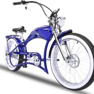 Twenty5 GT 800W Chopper Stretch Cruiser Ebike, 26" Wheels, Supsension Triple Tree Fork, White Wall Tire, Disc Brake, for Men, Blue