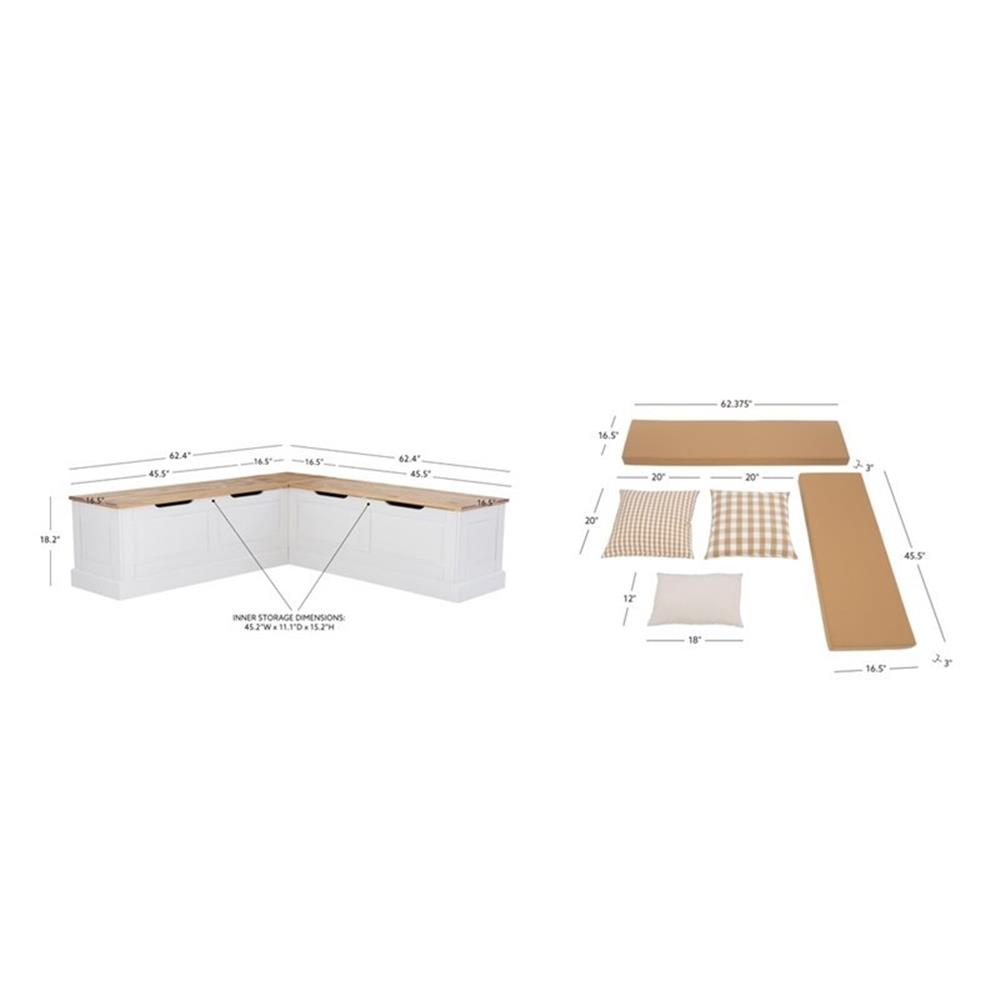 Pemberly Row Natural White Wood Nook With Green Polyester Fabric Cushions