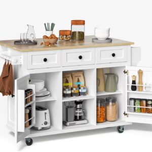 ZIVACATE Rolling Kitchen Island with Drop Leaf and Storage Large 53 in Movable Kitchen Carts White