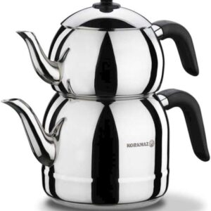 Korkmaz 18/10 Ci/Ni Stainless Steel Retro Teapot Set, Black Handles, Top Pot 1.1 Lt, Bottom Kettle 2.5 Lt