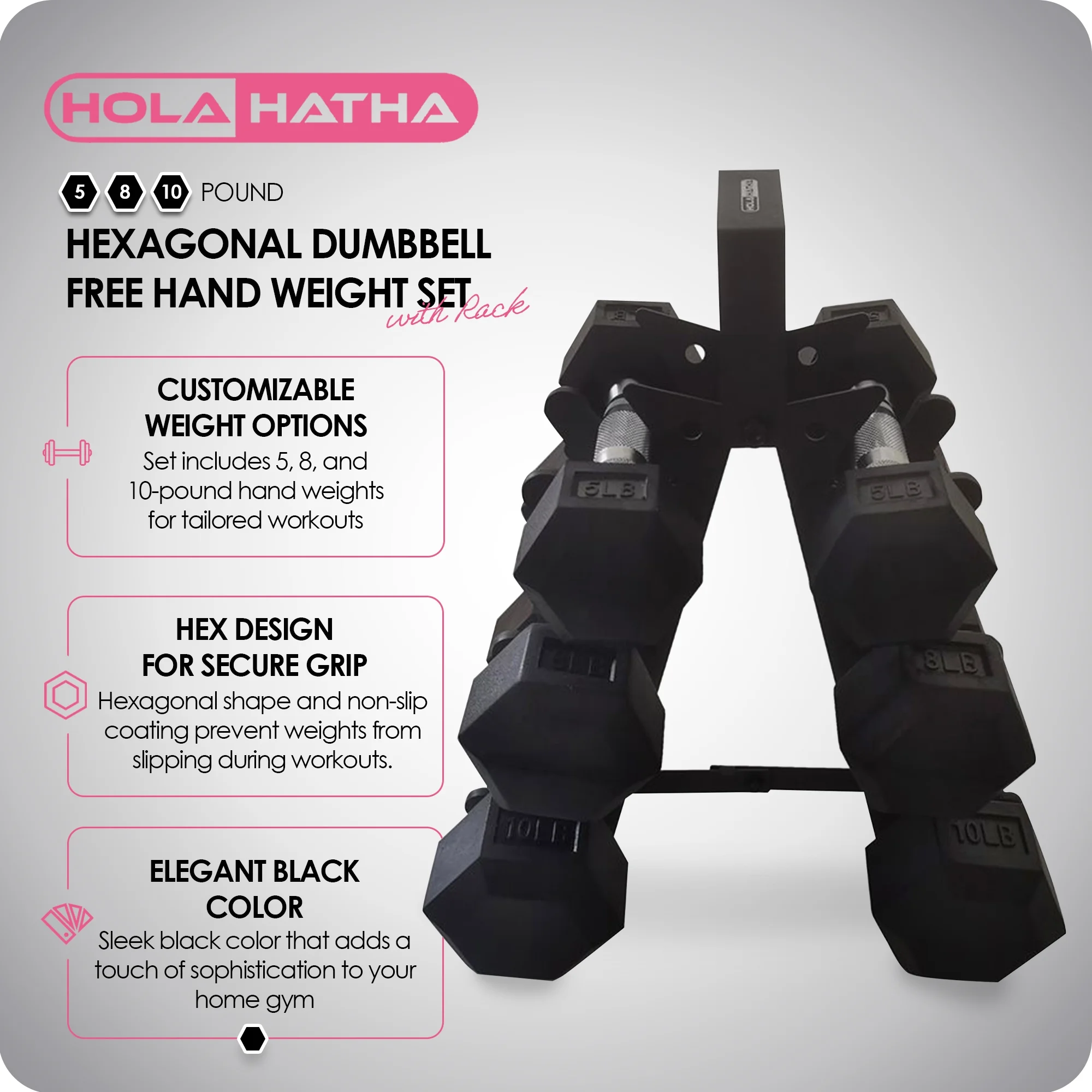 HolaHatha Hex Dumbbell with Rack, 5/10/15/20/25 lb (Black)