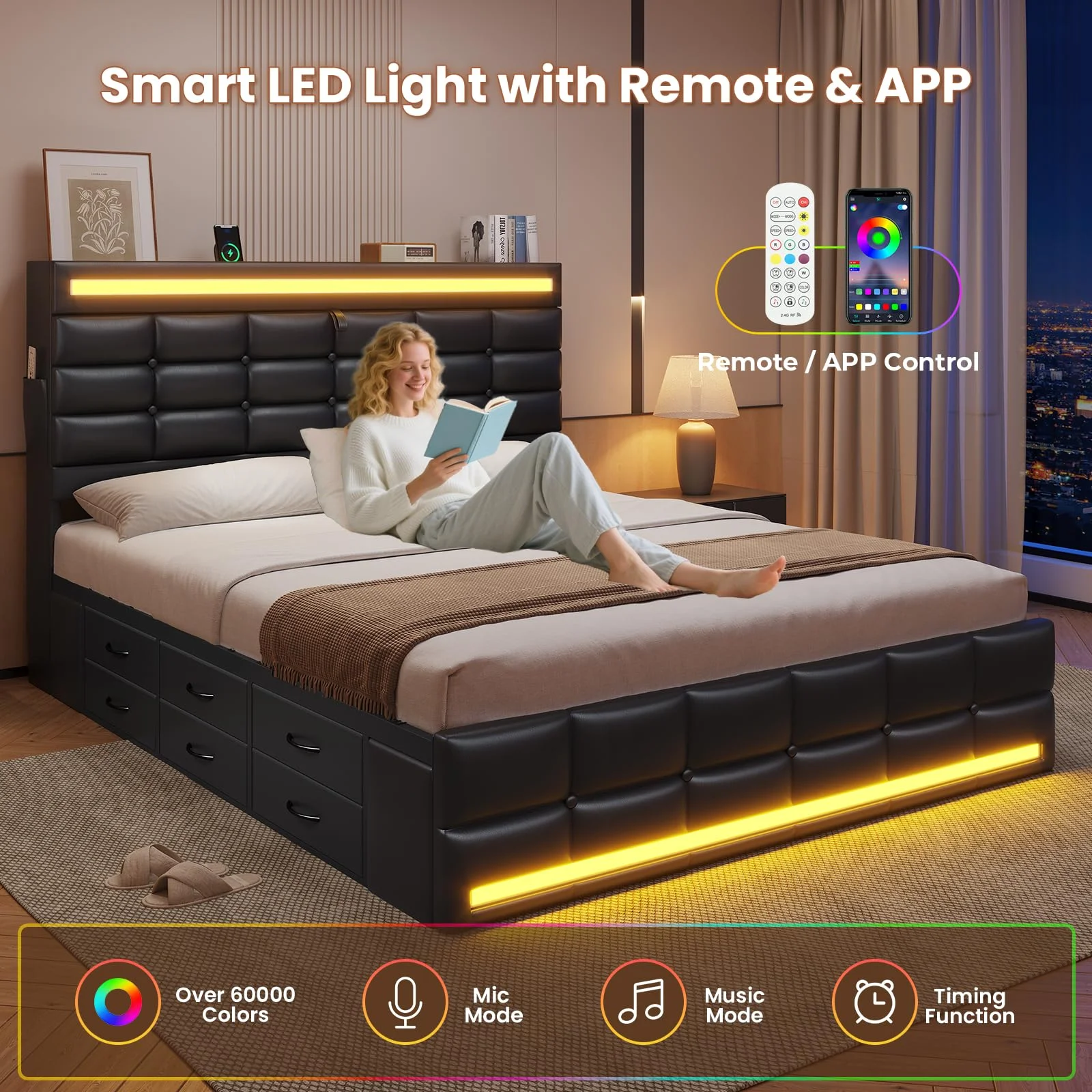 Queen Size Bed Frame with LED Lights Headboard and 12 Storage Drawers,Bookcase,Upholstered Platform Bed Queen with Charging Station, No Box Spring Needed, Type-C and USB,Noise-Free, Black