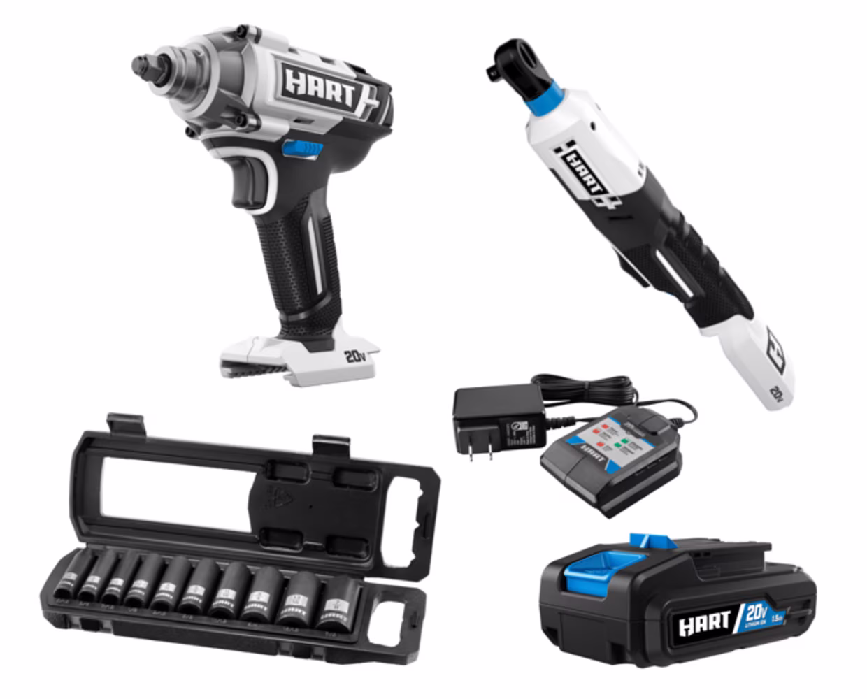 HART 20V 3/8" 2-Tool Automotive Kit with SAE Impact Sockets