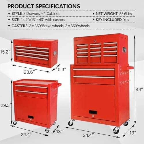 8-Drawer Rolling Tool Chest with Detachable Top Tool Box, Lockable Metal Tool Cabinet, and Liner, Heavy-Duty Storage Organizer with Wheels and 6 Hooks for Garage, Workshop, Green