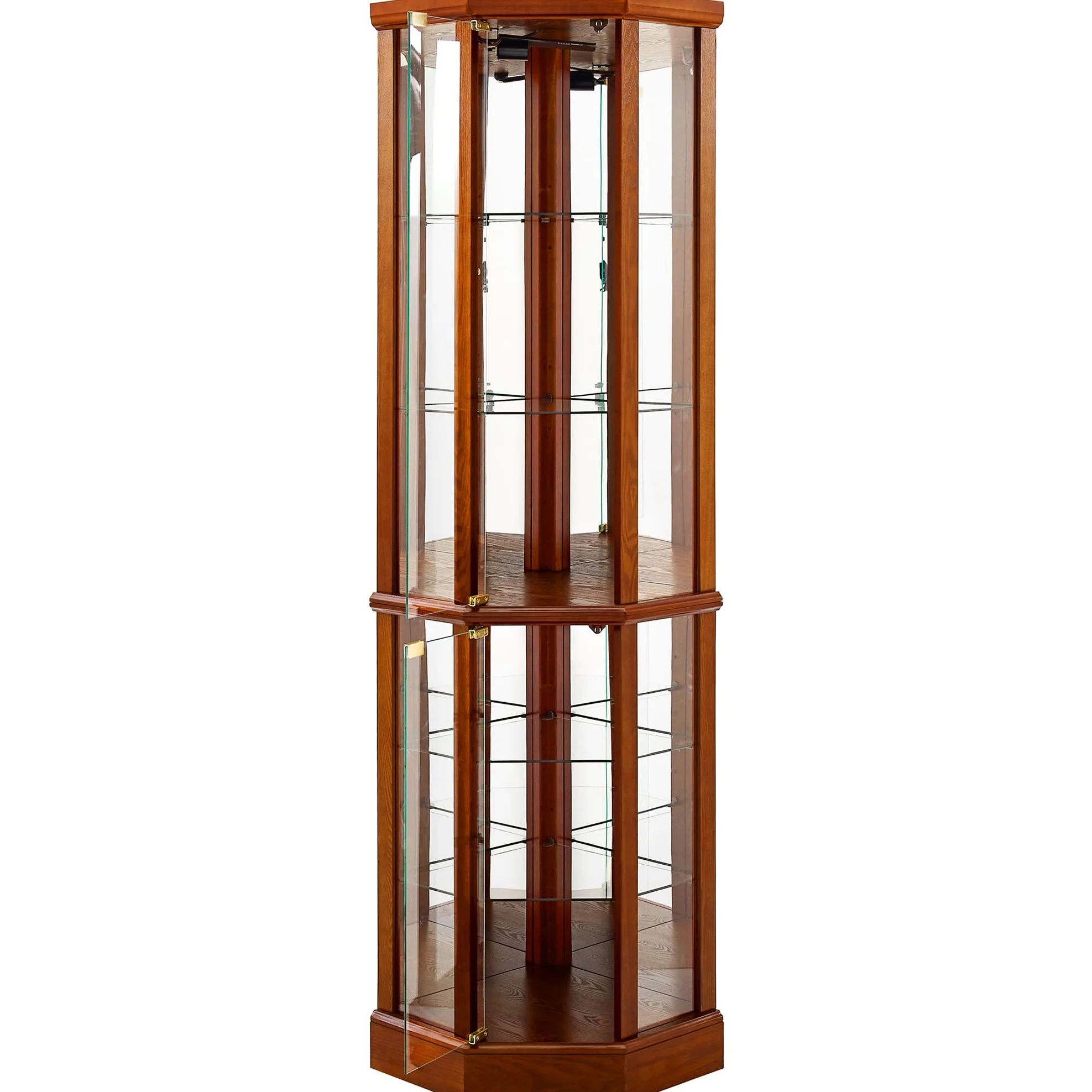 Walnut Cabinet With 6 Shelves, Adjustable Glass & Mirrored Back Design Shelf Lighted Corner Curio Shelves In