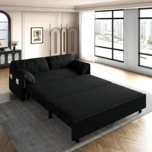 Tabaray 63.8" Futon Sofa Bed Queen Size, Pull Out Bed, 3-in-1 Convertible Sleeper Sofa with Side Pocket, Modern Plush Velvet Futon Couch for Living Room, Small Space, Apartment, Bedroom, Black