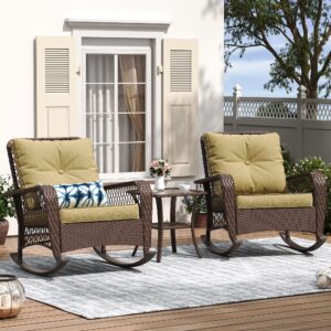 ELPOSUN 3-Piece Outdoor Rocking Chairs, Wicker Patio Furniture with Thickened Cushions and Table for Porch