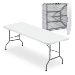 MoNiBloom 8Ft Folding Heavy Duty Table, Indoor Outdoor Portable Rectangle Plastic Picnic Desk with Steel Frame and Handle, White