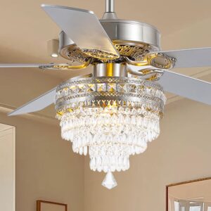 YIOSI 52" Crystal Ceiling Fan Fandelier with Remote Control, Modern Chrome Chandelier Ceiling Fan, Whisper-Quiet Motor, Reversible Blades, LED Lighting, Energy-Efficient, Elegant Living Room Fan