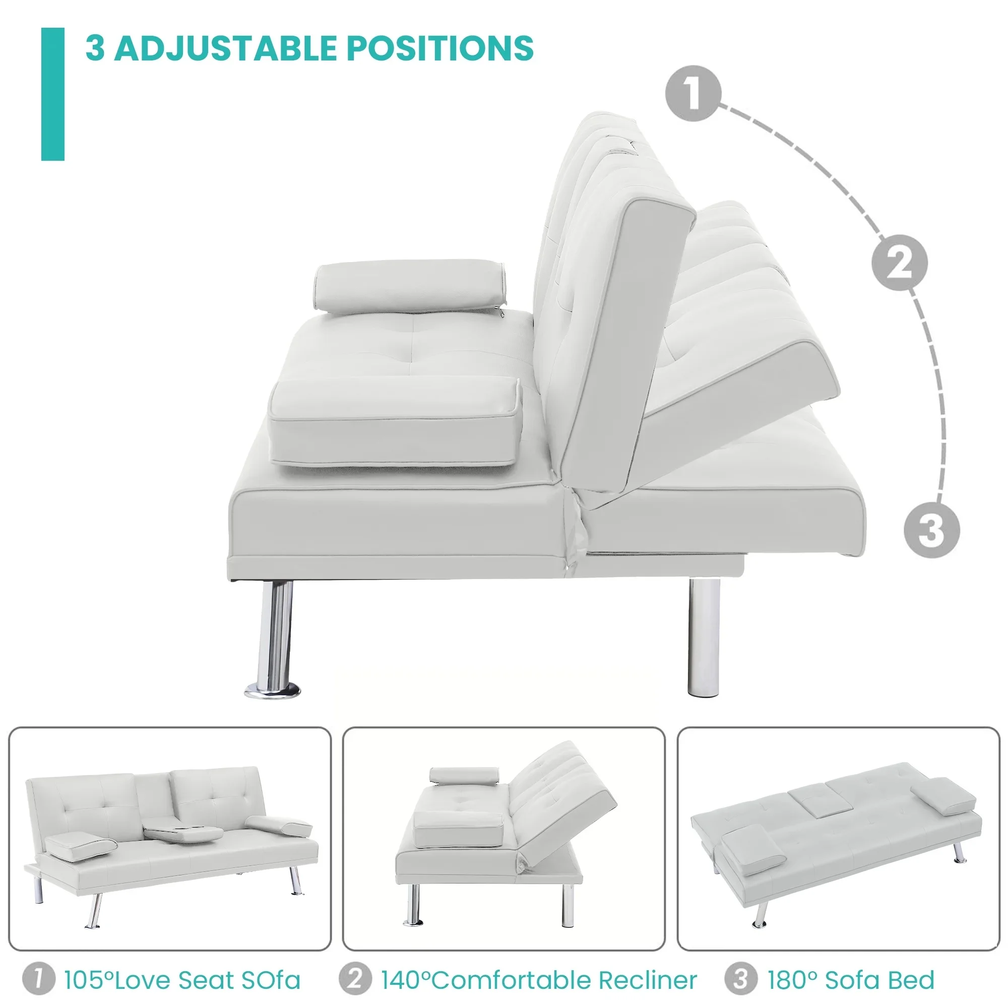 Aukfa Leather Futon Convertible Sofa Bed with 2 Cup Holders&Pillows, Twin Size, Pink