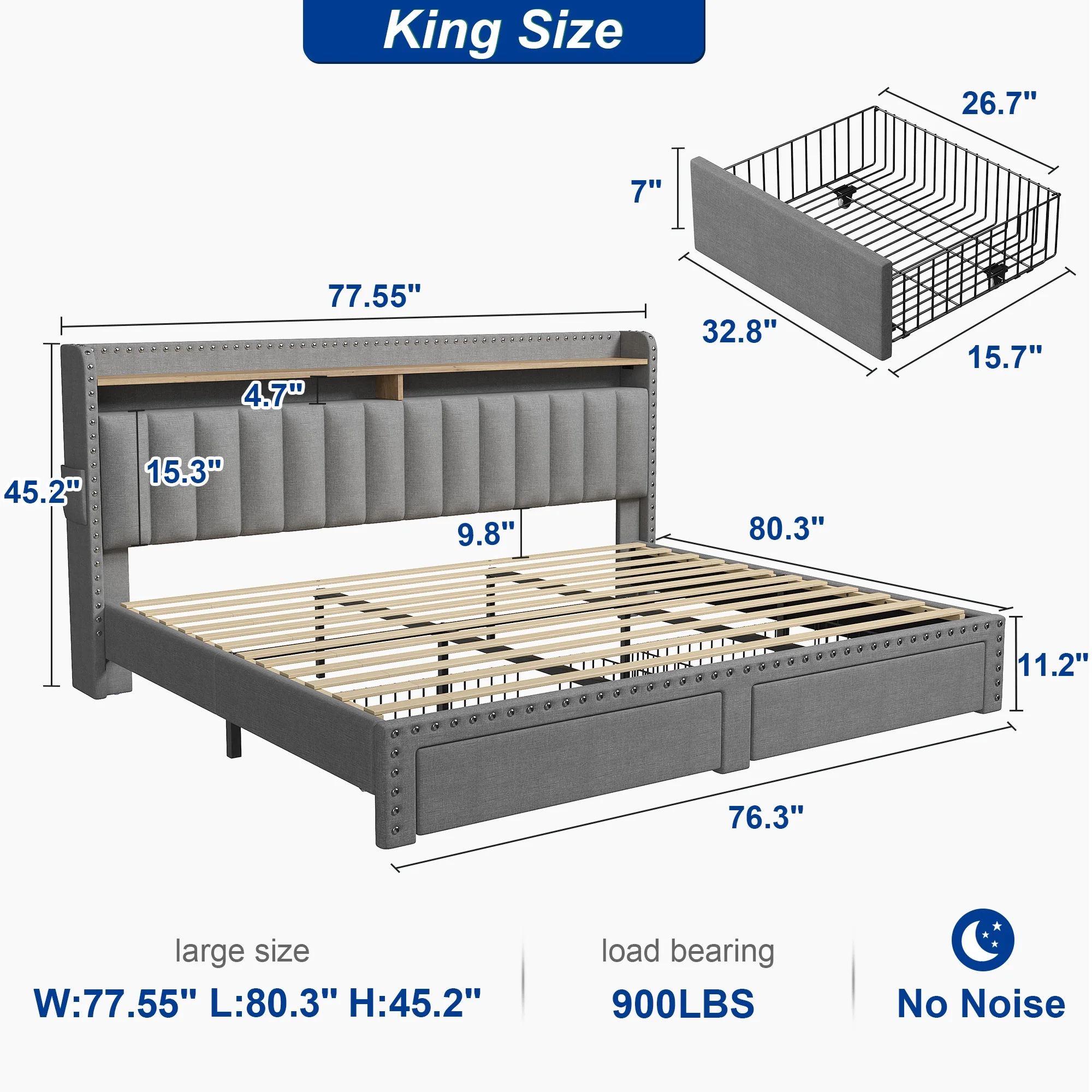 EnHomee Upholstered King Size Bed Frame with Headboard and Storage King Bed Frame with 2 Drawers,Grey
