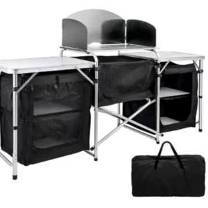 Inch Aluminum Portable Fold-Up Camping Kitchen with Windscreen and 5 Enclosed Cupboards, Cook Station, for BBQ, Camping, Picnic, Backyard