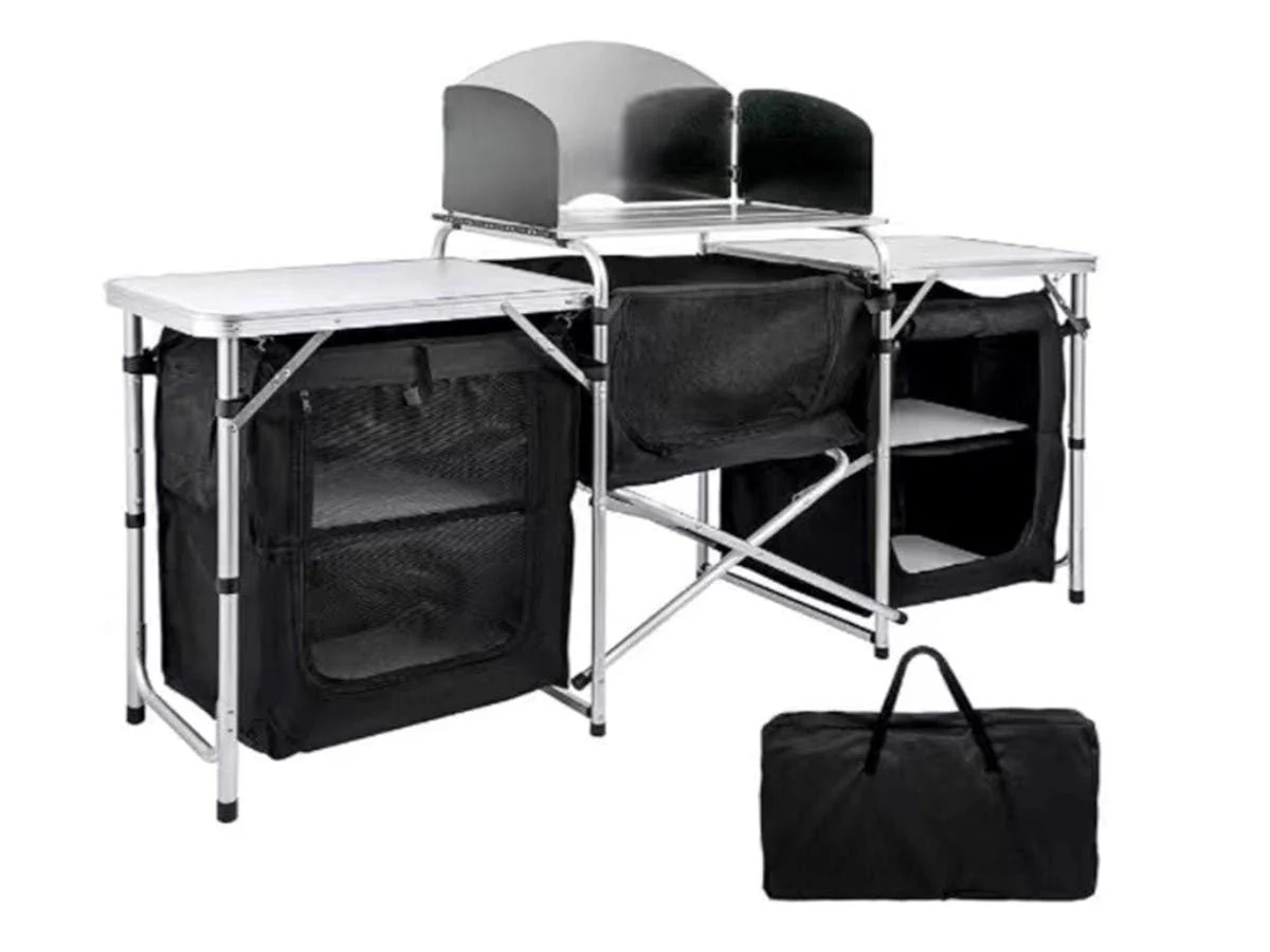 Inch Aluminum Portable Fold-Up Camping Kitchen with Windscreen and 5 Enclosed Cupboards, Cook Station, for BBQ, Camping, Picnic, Backyard