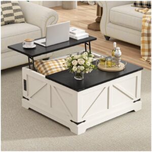 VEANERWOOD 31.5" Farmhouse Lift Top Coffee Table with Storage,Wood Square Center Table with Charging Station