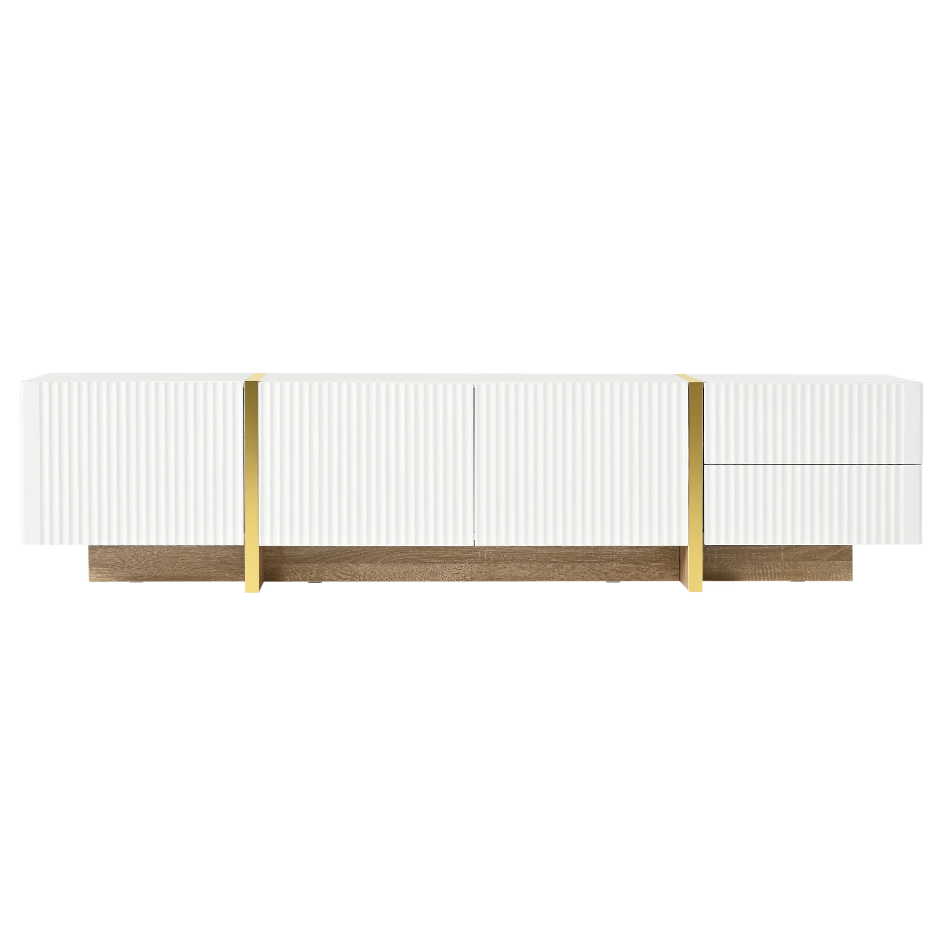 Luxury Fluted TV Stand for TVs Up to 80'', Modern Entertainment Center with Storage Cabinets & Drawers, Smooth Media Console with lden Wood Grain Legs for Living Room, White