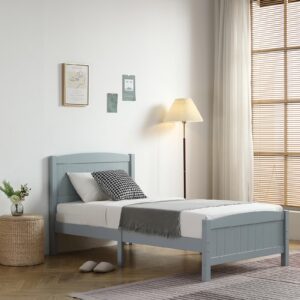 Ktaxon Deluxe Wood Platform Bed with Headboard, Teen Bed Gray,Twin