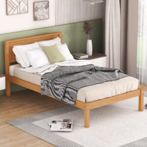 Euroco Twin Platform Bed, Modern Wood Frame Bed with Headboard and Slats for Kids Room, Oak