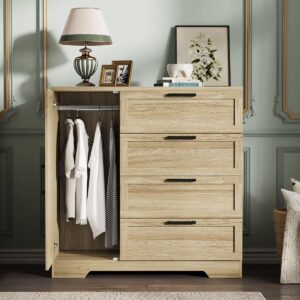 Ataucjin Wood Armoire Wardrobe Closet with 4 Drawers and Door, 43.3" H Bedroom Wardrobe Cabinet with Hanging Rod, Clothing Storage Cabinets, 4 Drawers Dresser with Storage Closet