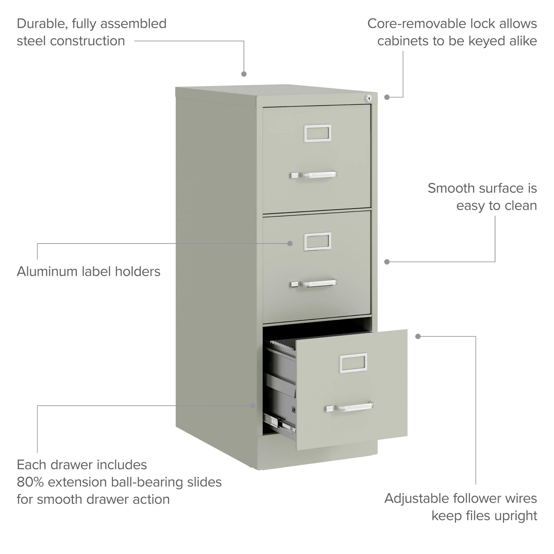 Hirsh 22" Deep 3 Drawer Letter Width Vertical File Cabinet, Commercial Grade, Gray