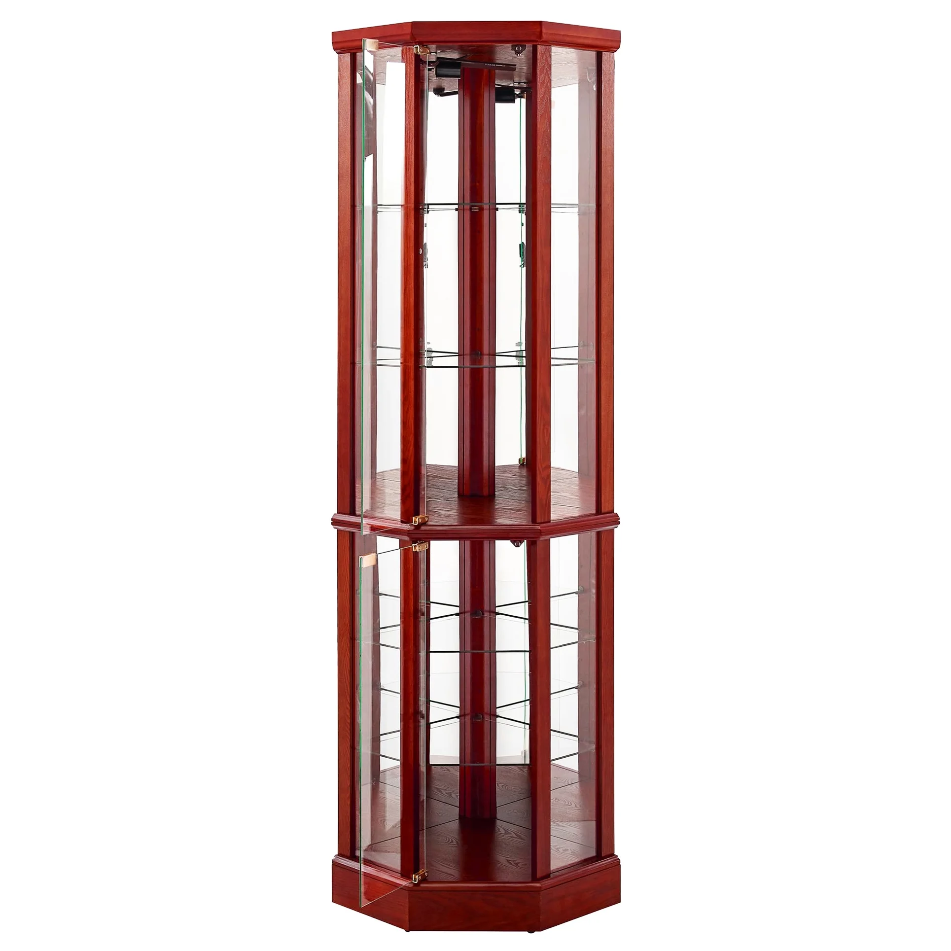 Walnut Cabinet With 6 Shelves, Adjustable Glass & Mirrored Back Design Shelf Lighted Corner Curio Shelves In