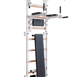 BenchK 733 White Wall bars with convertible steel 6-grip pull-up bar that can also be used as a barbell holder, dip bar with back support and advanced workout bench