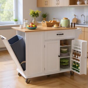 Noelse Rolling Kitchen Island with Drop Leaf Table and Hidden Trash Cabinet, Mobile Kitchen Cart with Storage Drawer, Adjustable Shelves & Rubberwood Countertop on Wheels, White