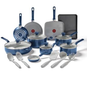 T-fal Easy Care Ceramic, 20 Piece Pots and Pans Cookware Set, Electric Blue
