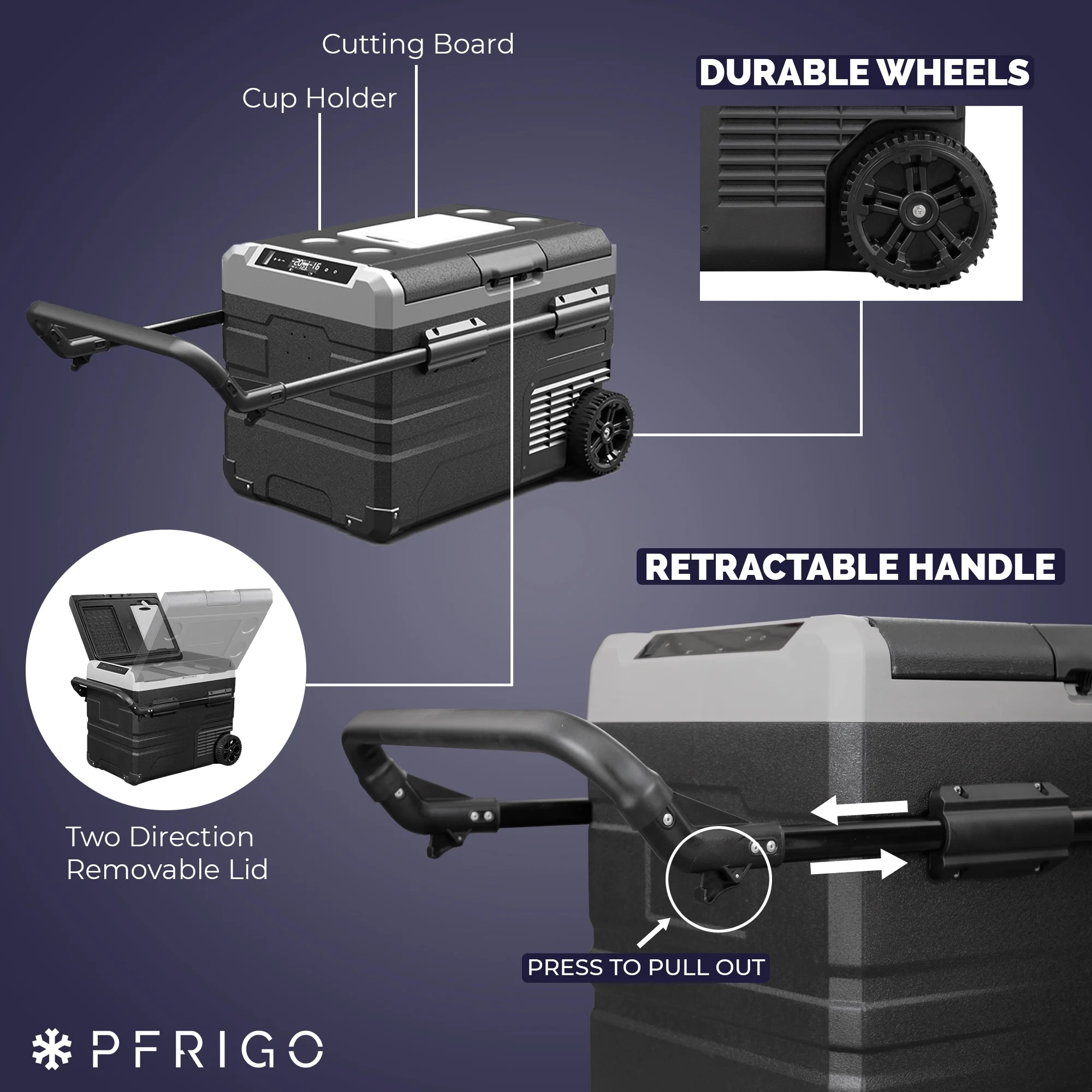 PFRIGO 48 Qt Portable 12v Rolling Cooler with LED Touch Panel, Black